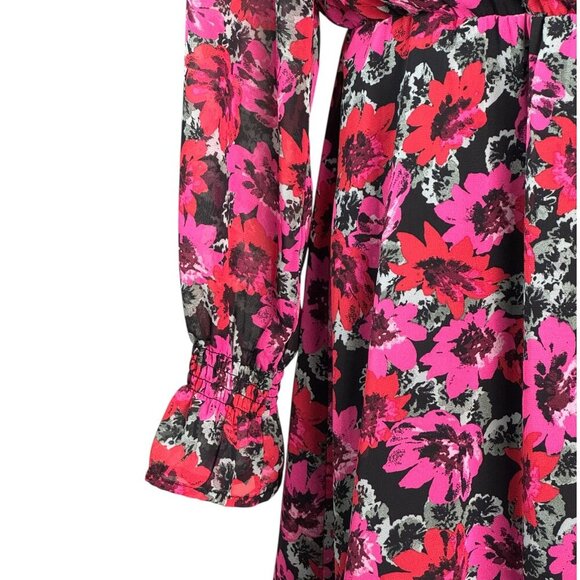 H&M Divided Red Fuchsia Pink Black Floral Faux Wrap Long Sleeve Dress Size M - Picture 6 of 10